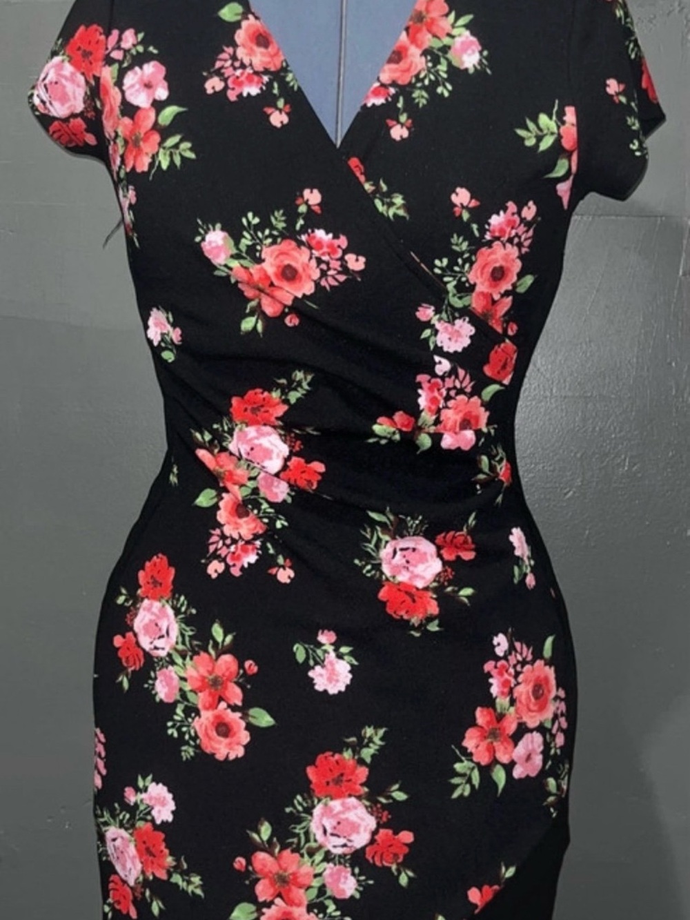 Almost Famous Black Midi Dress with Pink & Red Floral Pattern